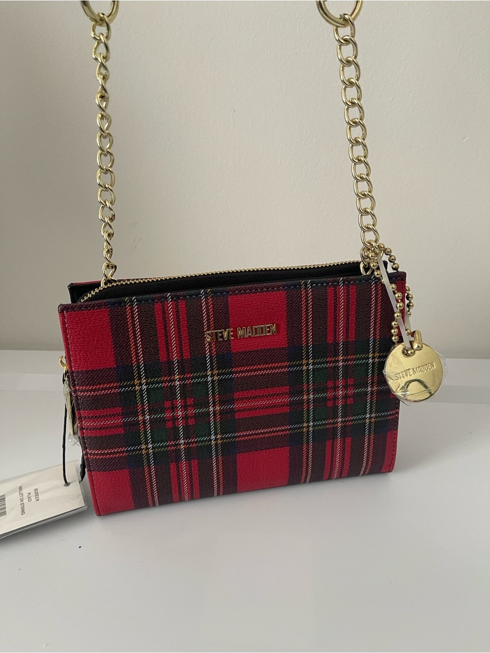 Steve Madden Red and Black Plaid Crossbody Bag with Gold Accents